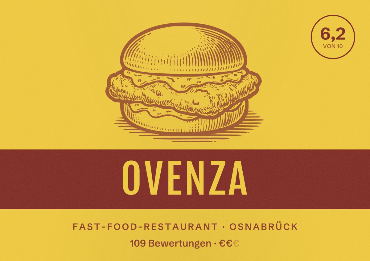 Illustriertes Poster von Ovenza, Fast-Food-Restaurant in Osnabrück: Bewertung 6,2 von 10 aus 109 Bewertungen, Preisniveau €€