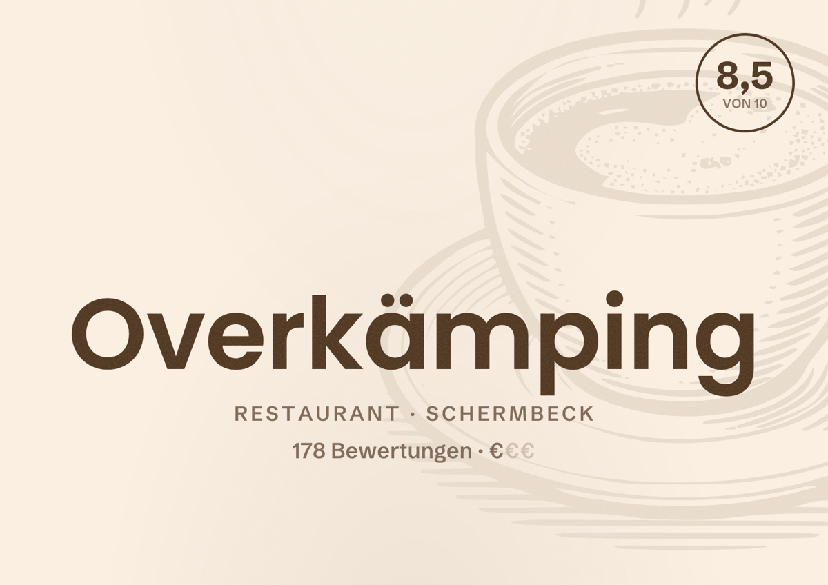 Illustriertes Poster von Overkämping, Restaurant in Schermbeck: Bewertung 8,5 von 10 aus 178 Bewertungen, Preisniveau €