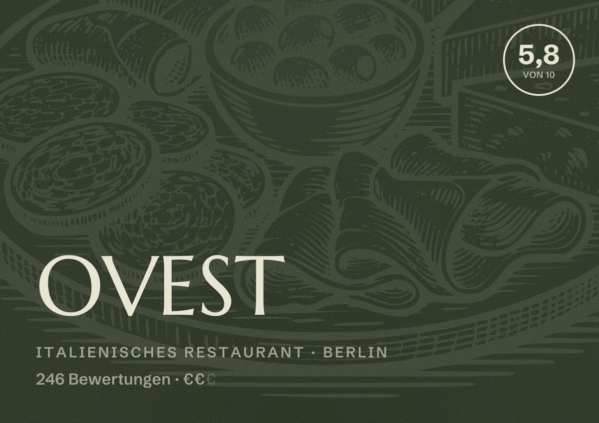 Illustriertes Poster von OVEST, Italienisches Restaurant in Berlin: Bewertung 5,8 von 10 aus 246 Bewertungen, Preisniveau €€