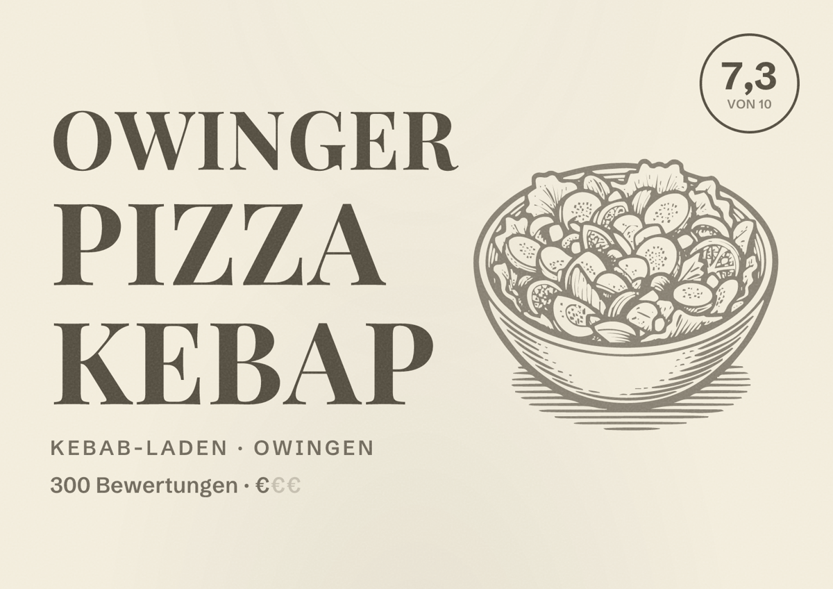 Illustriertes Poster von Owinger Pizza Kebap, Kebab-Laden in Owingen: Bewertung 7,3 von 10 aus 300 Bewertungen, Preisniveau €