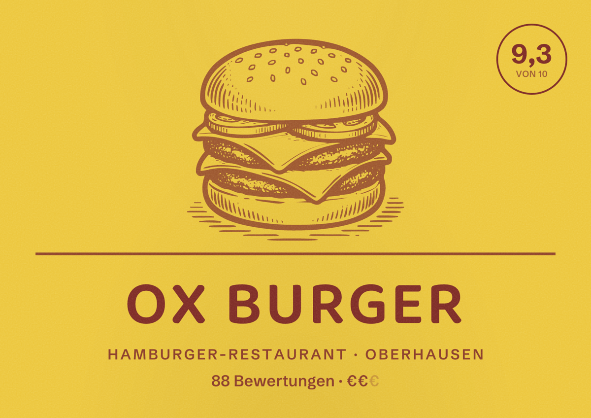 Illustriertes Poster von OX BURGER, Hamburger-Restaurant in Oberhausen: Bewertung 9,3 von 10 aus 88 Bewertungen, Preisniveau €€