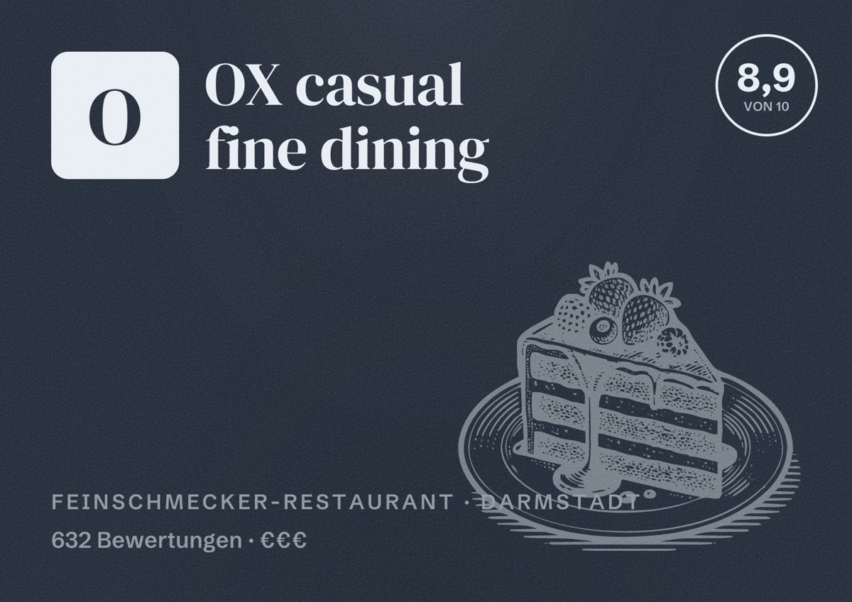 Illustriertes Poster von OX casual fine dining, Feinschmecker-Restaurant in Darmstadt: Bewertung 8,9 von 10 aus 632 Bewertungen, Preisniveau €€€
