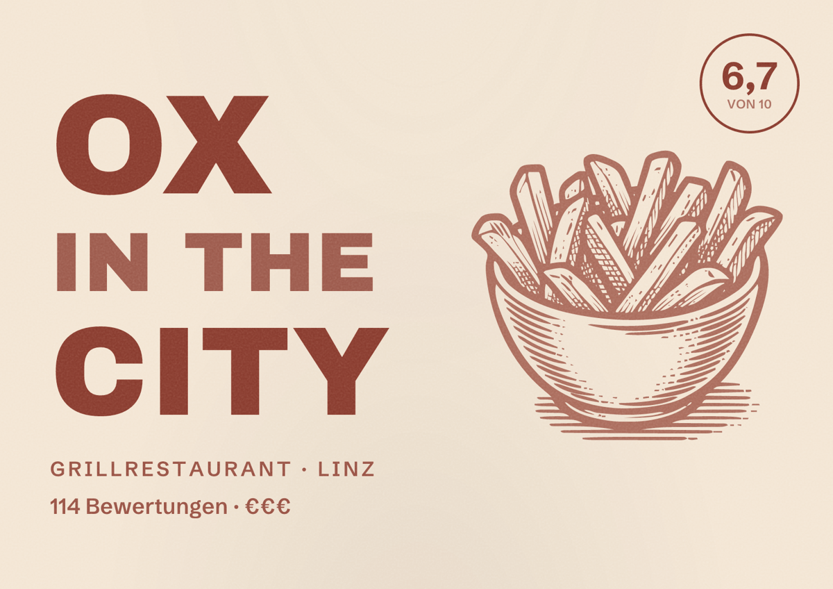 Illustriertes Poster von OX in the City, Grillrestaurant in Linz: Bewertung 6,7 von 10 aus 114 Bewertungen, Preisniveau €€€