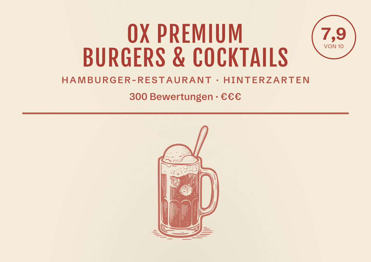 Illustriertes Poster von OX Premium Burgers & Cocktails, Hamburger-Restaurant in Hinterzarten: Bewertung 7,9 von 10 aus 300 Bewertungen, Preisniveau €€€