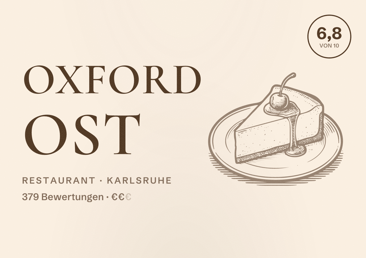 Illustriertes Poster von Oxford OST, Restaurant in Karlsruhe: Bewertung 6,8 von 10 aus 379 Bewertungen, Preisniveau €€
