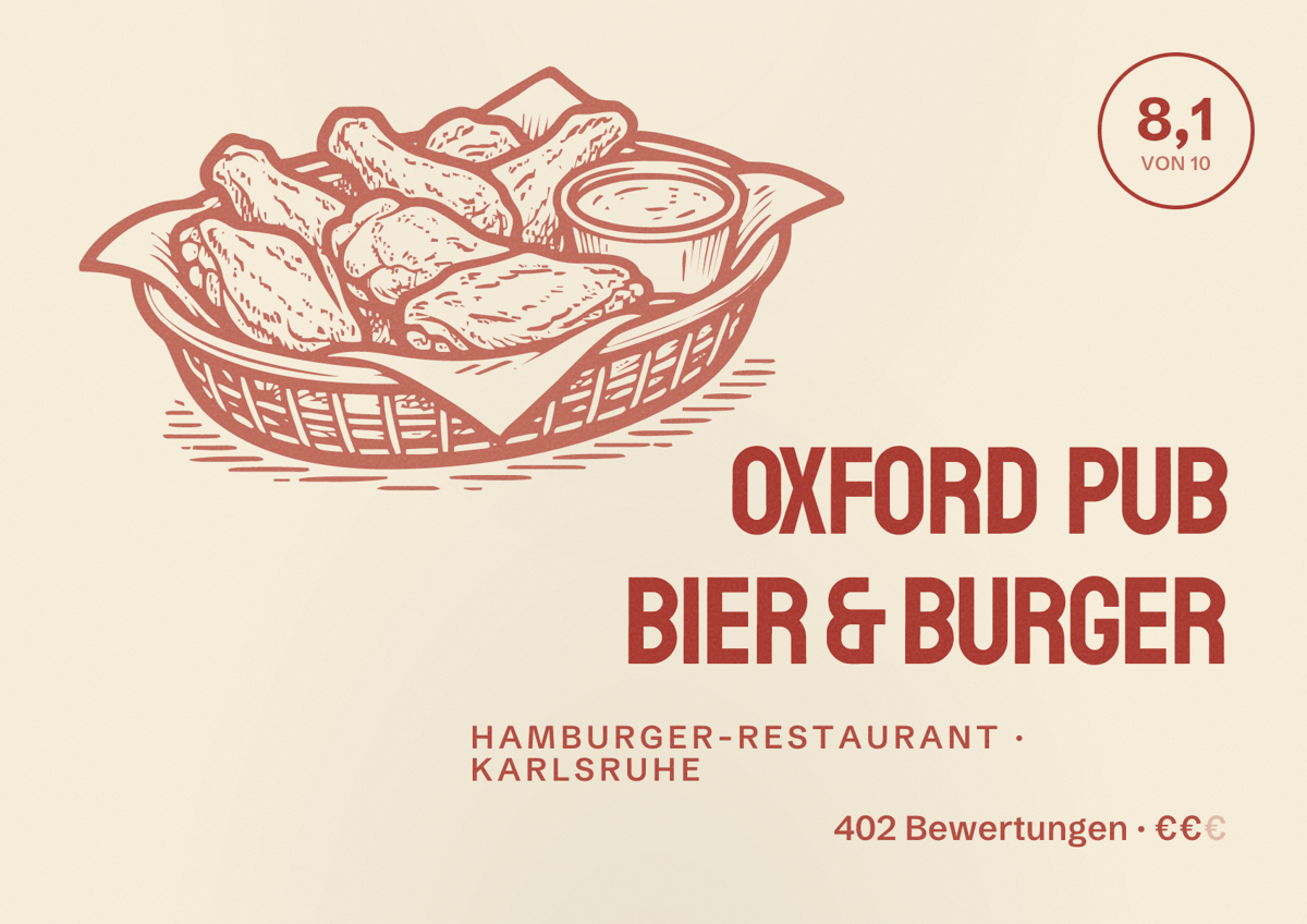 Illustriertes Poster von Oxford Pub Bier & Burger, Hamburger-Restaurant in Karlsruhe: Bewertung 8,1 von 10 aus 402 Bewertungen, Preisniveau €€