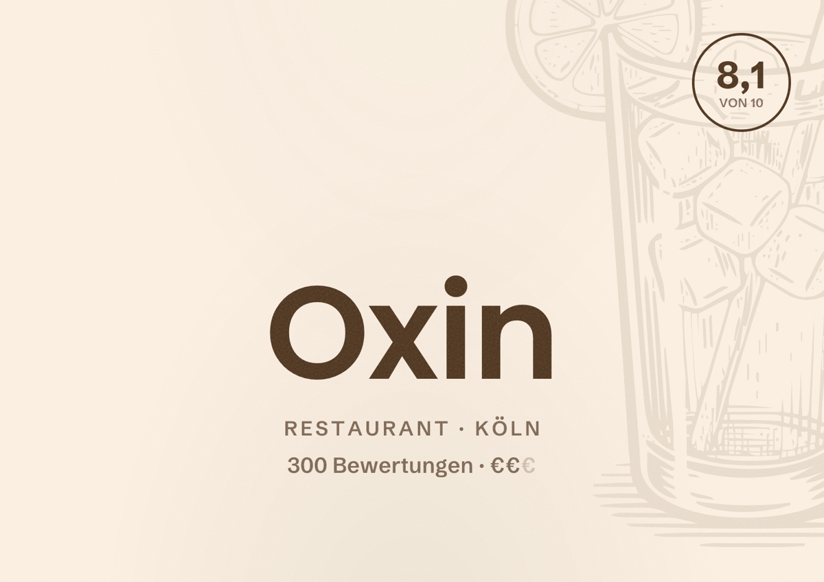 Illustriertes Poster von Oxin, Restaurant in Köln: Bewertung 8,1 von 10 aus 300 Bewertungen, Preisniveau €€