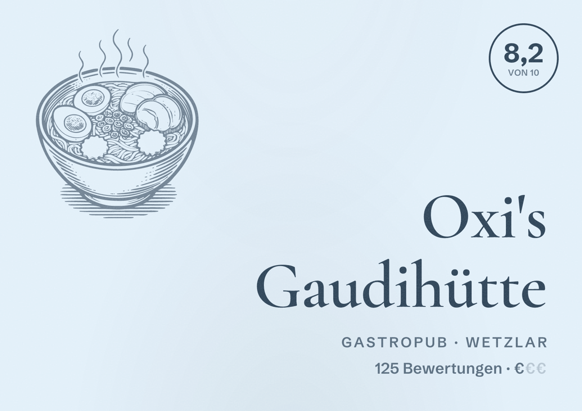 Illustriertes Poster von Oxi's Gaudihütte, Gastropub in Wetzlar: Bewertung 8,2 von 10 aus 125 Bewertungen, Preisniveau €