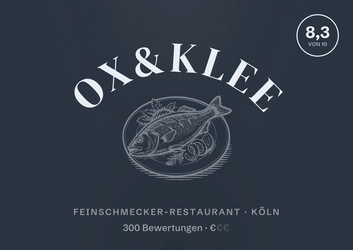 Illustriertes Poster von Ox&Klee, Feinschmecker-Restaurant in Köln: Bewertung 8,3 von 10 aus 300 Bewertungen, Preisniveau €