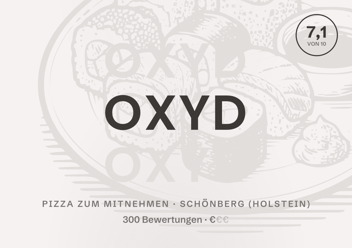 Illustriertes Poster von Oxyd, Pizza zum Mitnehmen in Schönberg (Holstein): Bewertung 7,1 von 10 aus 300 Bewertungen, Preisniveau €