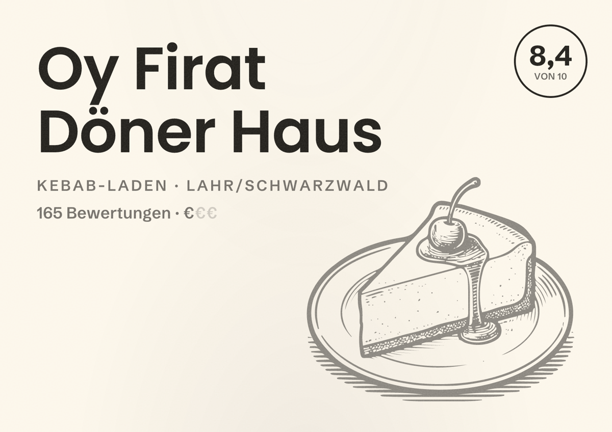 Illustriertes Poster von Oy Firat Döner Haus, Kebab-Laden in Lahr/Schwarzwald: Bewertung 8,4 von 10 aus 165 Bewertungen, Preisniveau €