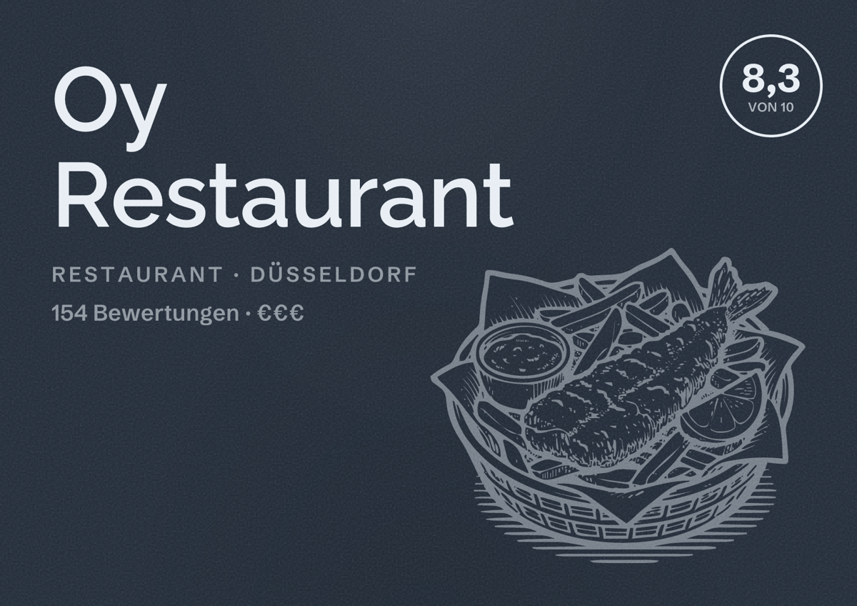 Illustriertes Poster von Oy Restaurant, Restaurant in Düsseldorf: Bewertung 8,3 von 10 aus 154 Bewertungen, Preisniveau €€€