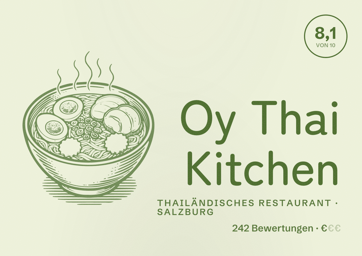Illustriertes Poster von Oy Thai Kitchen, Thailändisches Restaurant in Salzburg: Bewertung 8,1 von 10 aus 242 Bewertungen, Preisniveau €