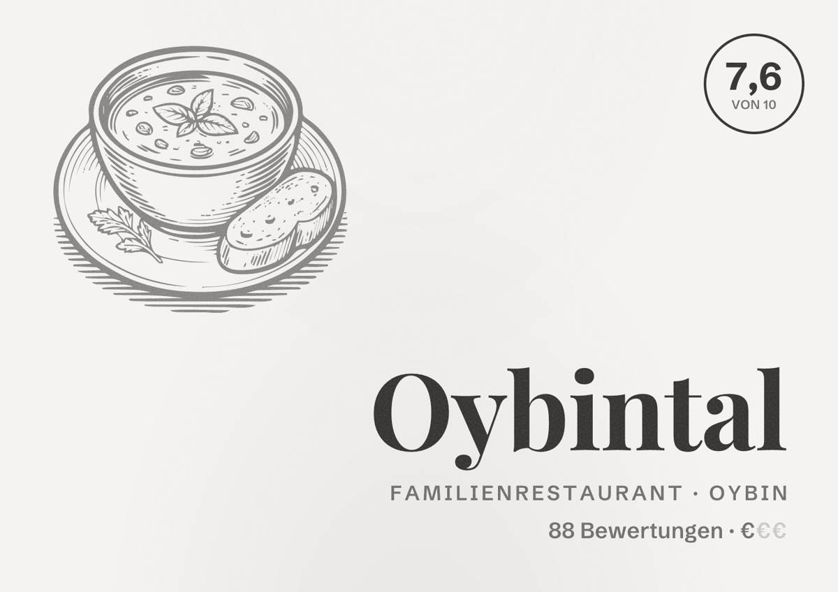 Illustriertes Poster von Oybintal, Familienrestaurant in Oybin: Bewertung 7,6 von 10 aus 88 Bewertungen, Preisniveau €
