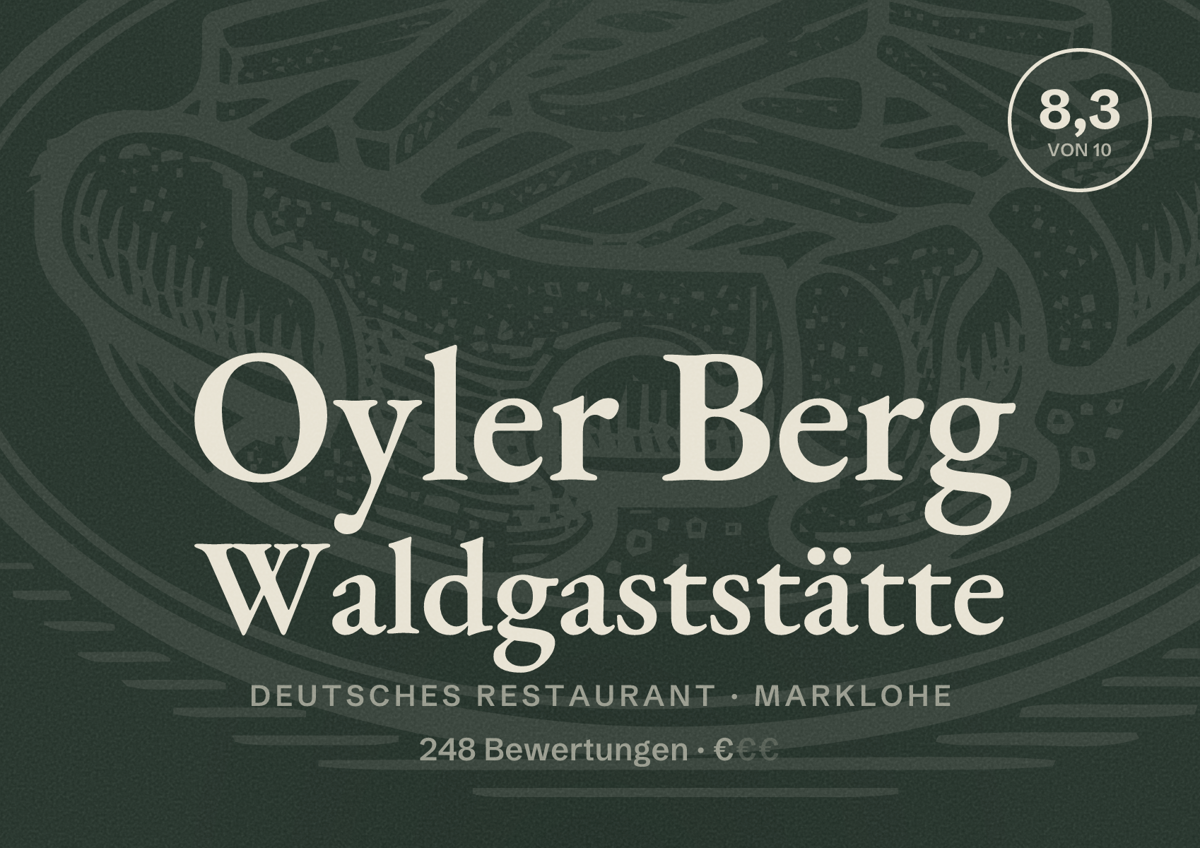 Illustriertes Poster von Oyler Berg Waldgaststätte, Deutsches Restaurant in Marklohe: Bewertung 8,3 von 10 aus 248 Bewertungen, Preisniveau €