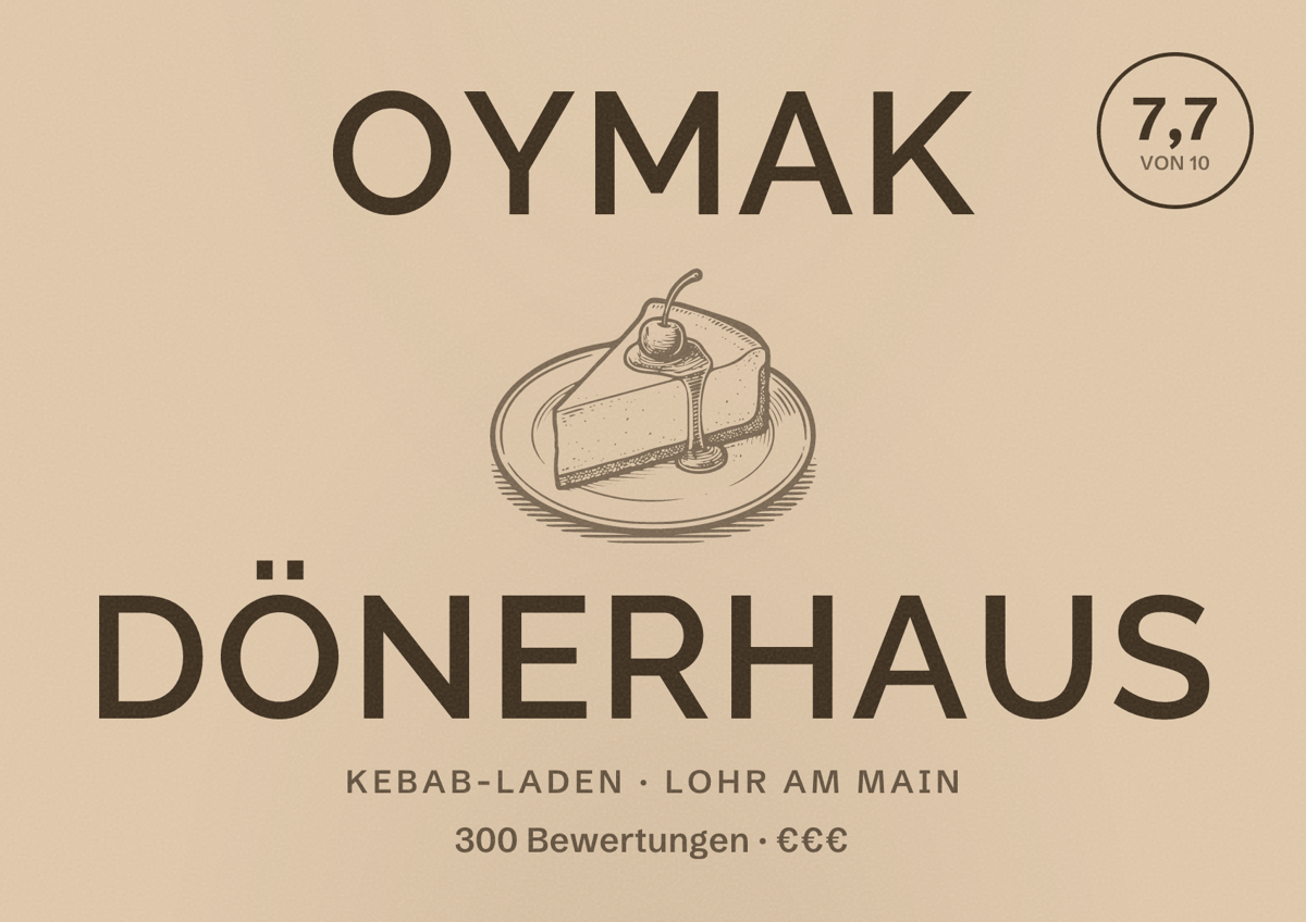 Illustriertes Poster von Oymak Dönerhaus, Kebab-Laden in Lohr am Main: Bewertung 7,7 von 10 aus 300 Bewertungen, Preisniveau €€€
