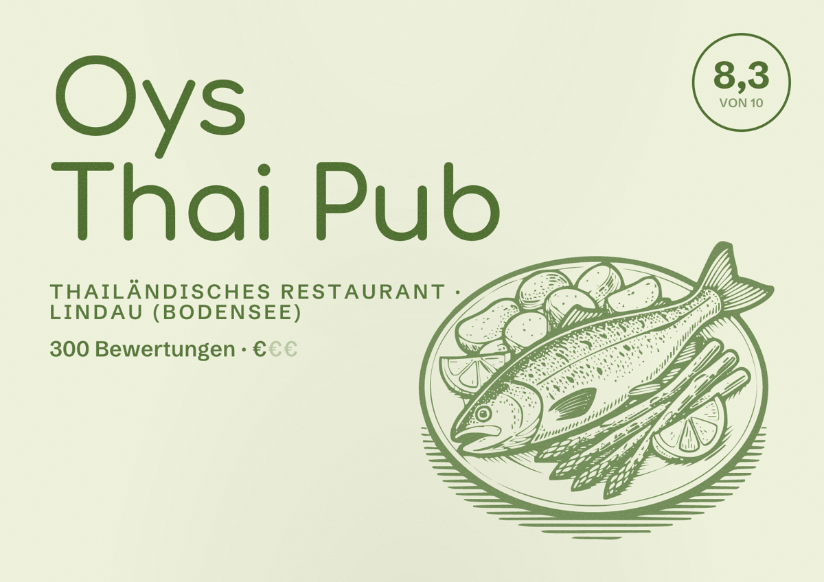 Illustriertes Poster von Oys Thai Pub, Thailändisches Restaurant in Lindau (Bodensee): Bewertung 8,3 von 10 aus 300 Bewertungen, Preisniveau €