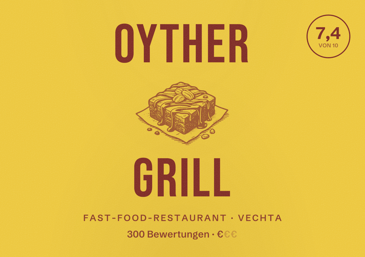 Illustriertes Poster von Oyther Grill, Fast-Food-Restaurant in Vechta: Bewertung 7,4 von 10 aus 300 Bewertungen, Preisniveau €
