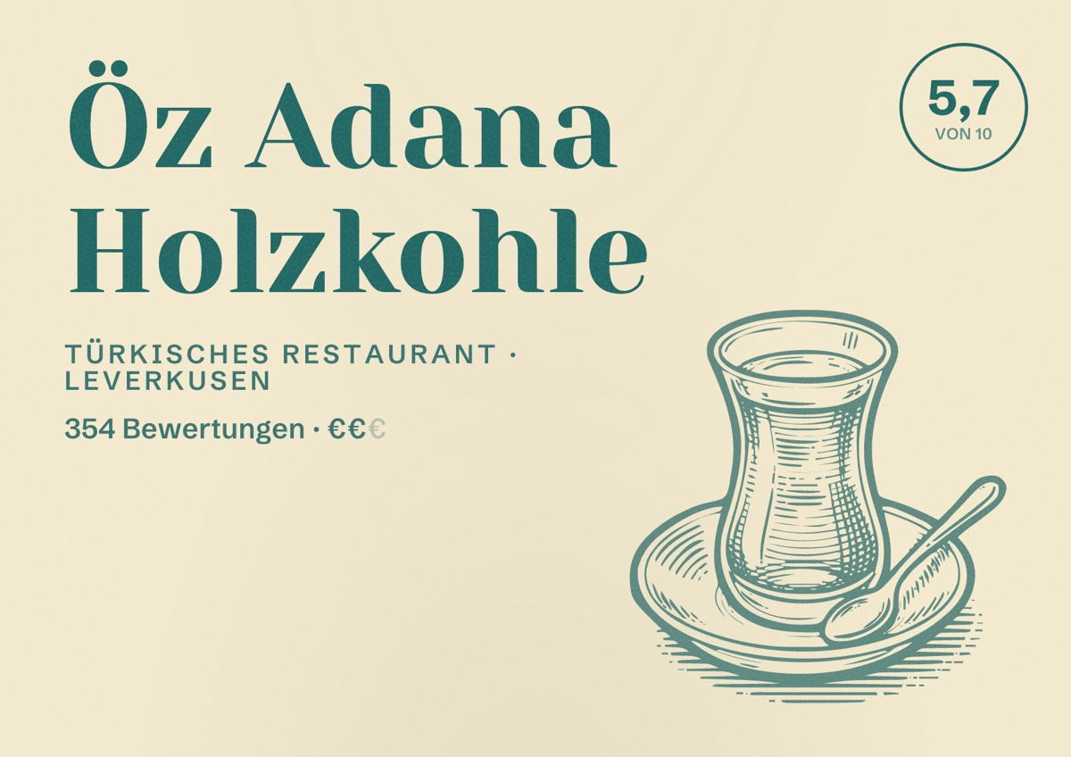 Illustriertes Poster von Öz Adana Holzkohle, Türkisches Restaurant in Leverkusen: Bewertung 5,7 von 10 aus 354 Bewertungen, Preisniveau €€