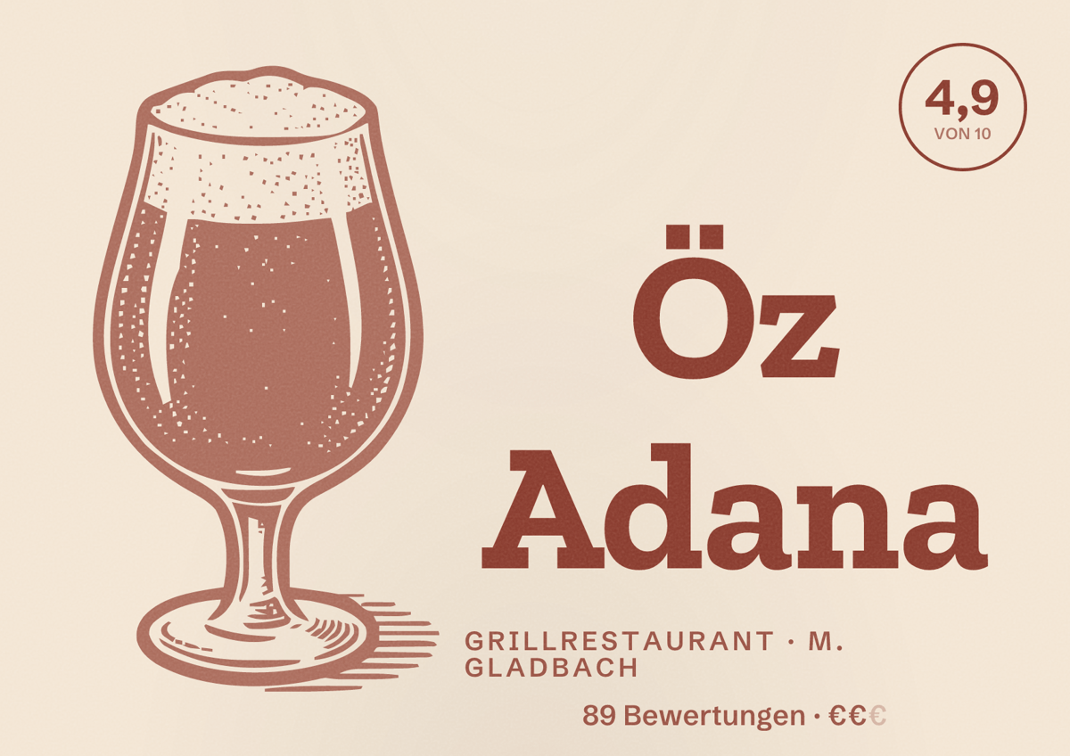 Illustriertes Poster von Öz Adana, Grillrestaurant in M. Gladbach: Bewertung 4,9 von 10 aus 89 Bewertungen, Preisniveau €€