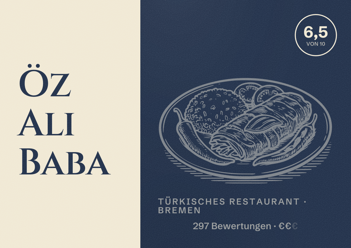 Illustriertes Poster von Öz Ali Baba, Türkisches Restaurant in Bremen: Bewertung 6,5 von 10 aus 297 Bewertungen, Preisniveau €€
