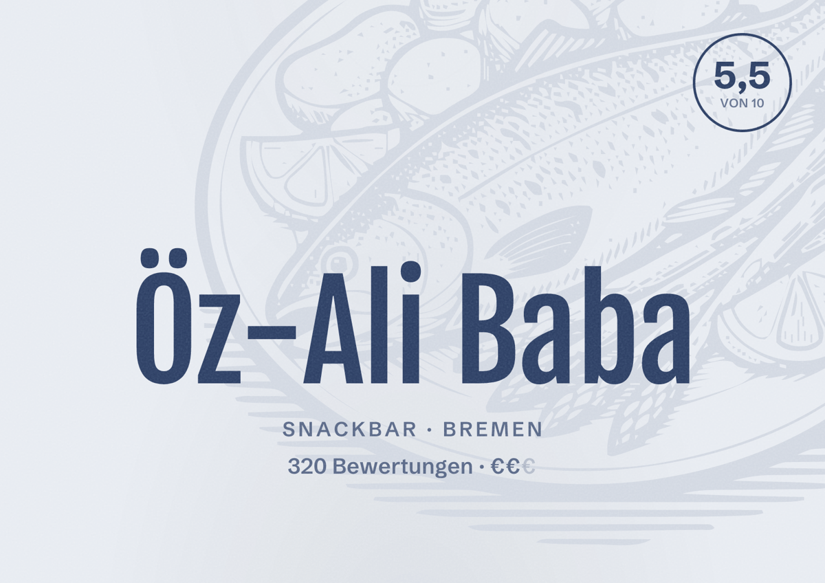 Illustriertes Poster von Öz-Ali Baba, Snackbar in Bremen: Bewertung 5,5 von 10 aus 320 Bewertungen, Preisniveau €€