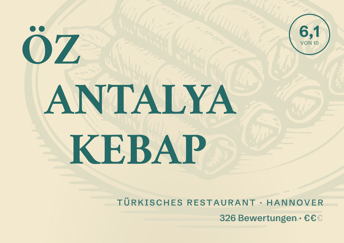Illustriertes Poster von ÖZ ANTALYA KEBAP, Türkisches Restaurant in Hannover: Bewertung 6,1 von 10 aus 326 Bewertungen, Preisniveau €€