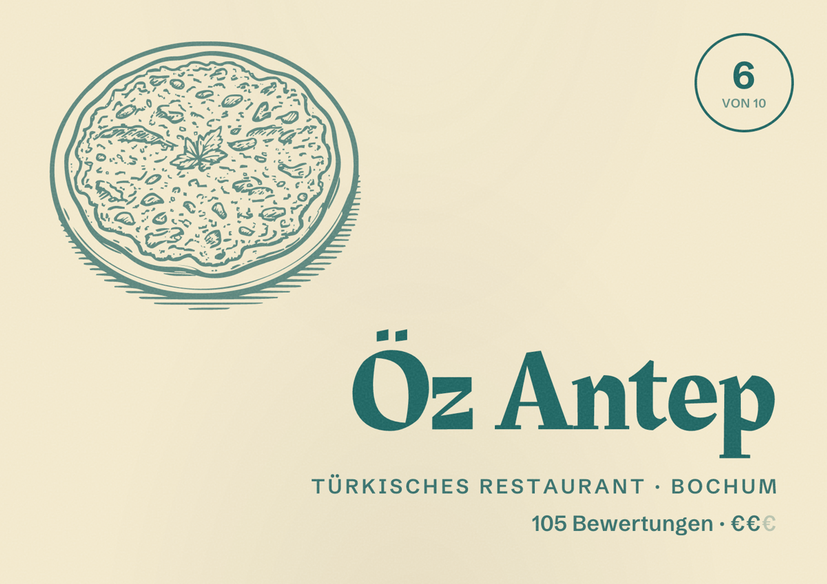 Illustriertes Poster von Öz Antep, Türkisches Restaurant in Bochum: Bewertung 6 von 10 aus 105 Bewertungen, Preisniveau €€