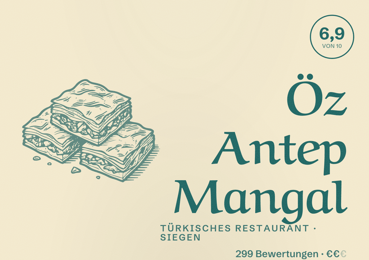 Illustriertes Poster von Öz Antep Mangal, Türkisches Restaurant in Siegen: Bewertung 6,9 von 10 aus 299 Bewertungen, Preisniveau €€