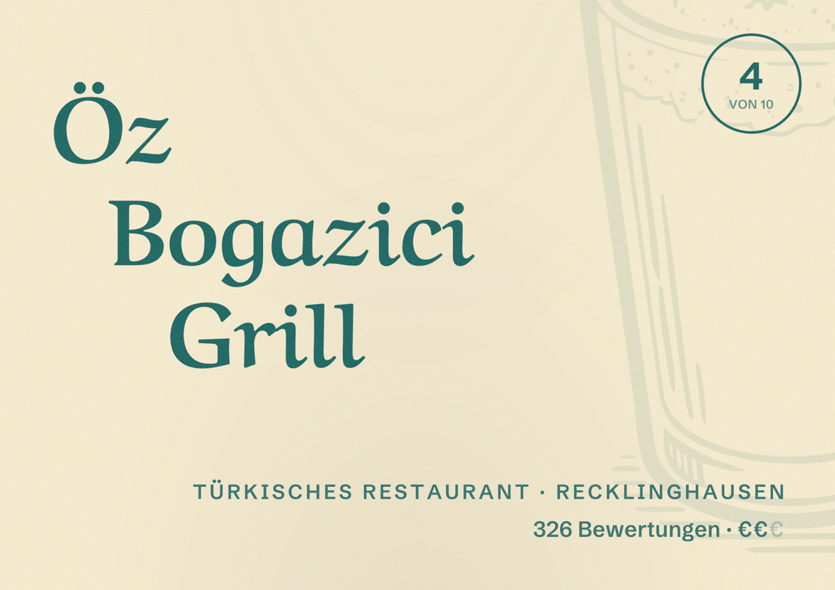 Illustriertes Poster von Öz Bogazici Grill, Türkisches Restaurant in Recklinghausen: Bewertung 4 von 10 aus 326 Bewertungen, Preisniveau €€