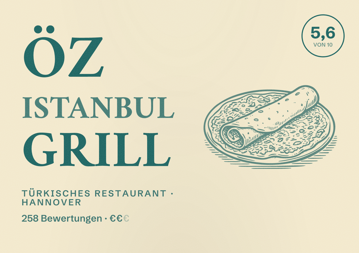 Illustriertes Poster von Öz Istanbul Grill, Türkisches Restaurant in Hannover: Bewertung 5,6 von 10 aus 258 Bewertungen, Preisniveau €€