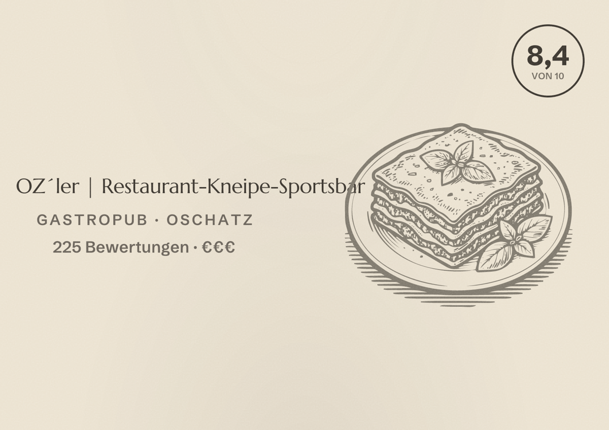 Illustriertes Poster von OZ´ler | Restaurant-Kneipe-Sportsbar, Gastropub in Oschatz: Bewertung 8,4 von 10 aus 225 Bewertungen, Preisniveau €€€