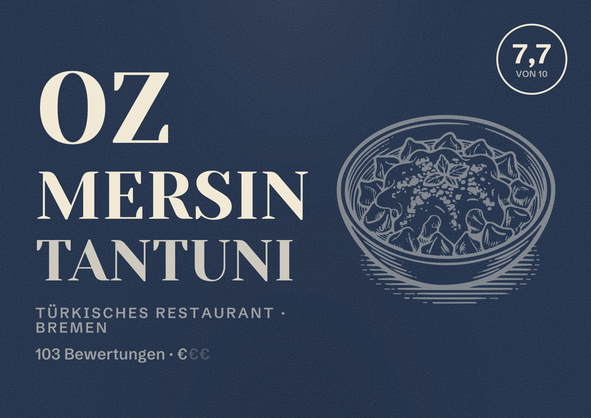 Illustriertes Poster von Oz Mersin Tantuni, Türkisches Restaurant in Bremen: Bewertung 7,7 von 10 aus 103 Bewertungen, Preisniveau €