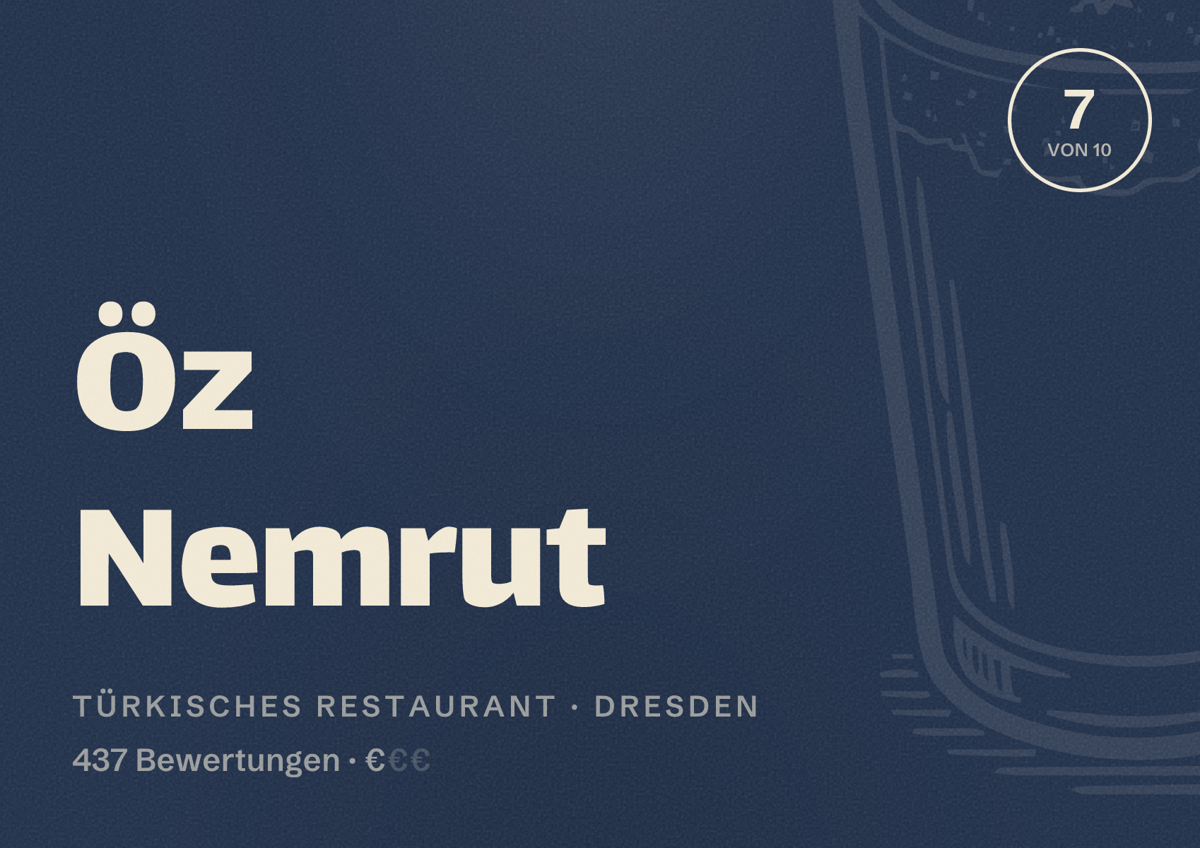 Illustriertes Poster von Öz Nemrut, Türkisches Restaurant in Dresden: Bewertung 7 von 10 aus 437 Bewertungen, Preisniveau €
