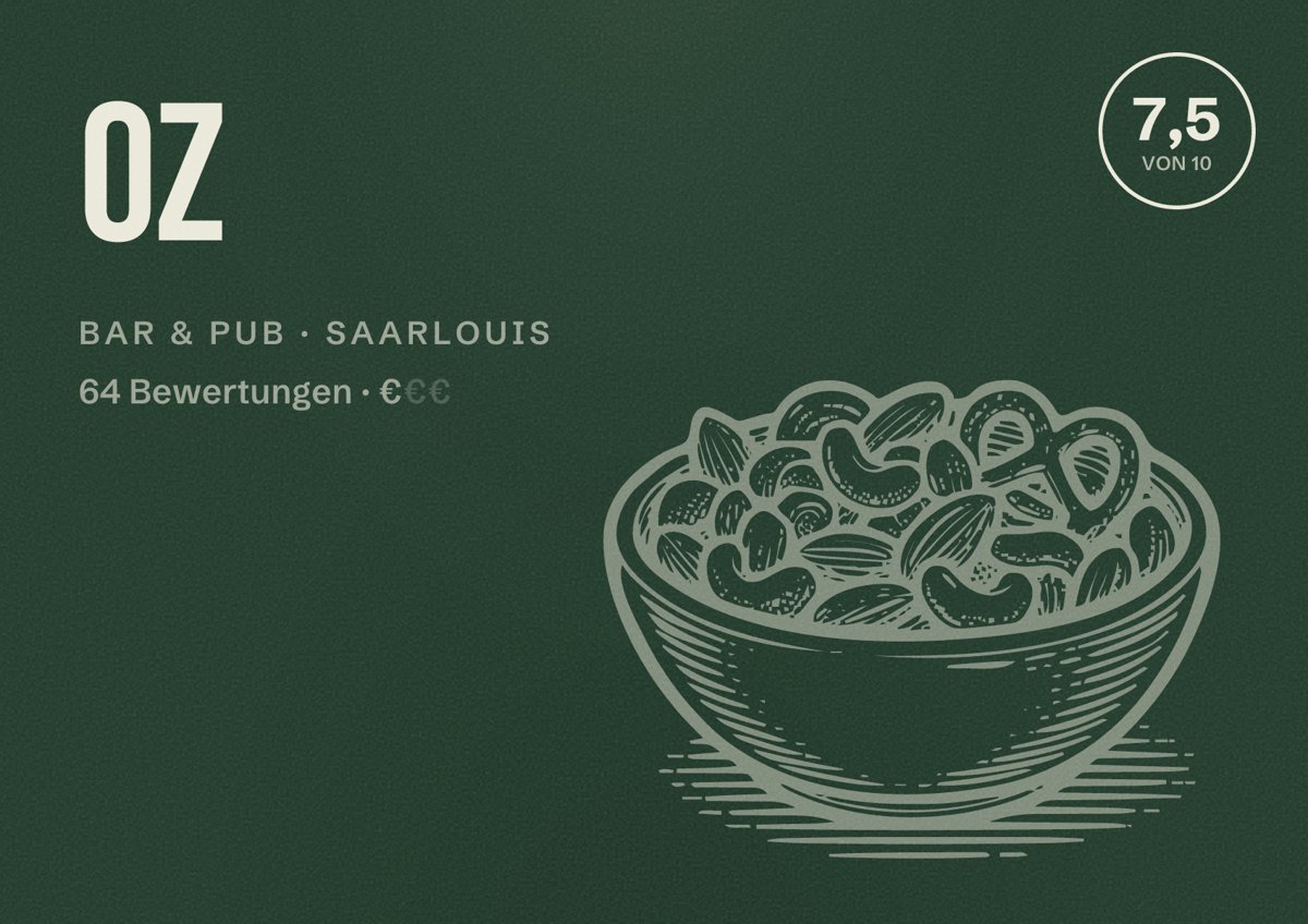 Illustriertes Poster von OZ, Bar & Pub in Saarlouis: Bewertung 7,5 von 10 aus 64 Bewertungen, Preisniveau €