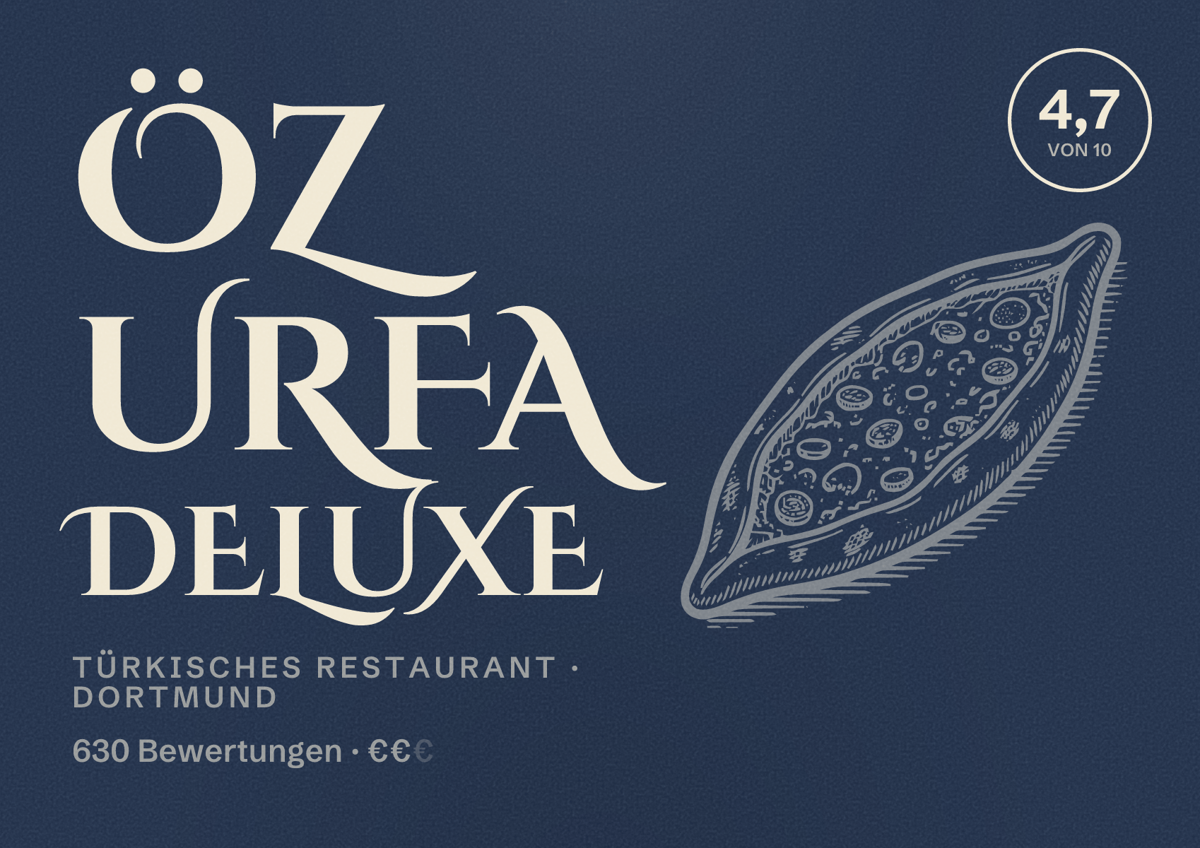 Illustriertes Poster von Öz Urfa Deluxe, Türkisches Restaurant in Dortmund: Bewertung 4,7 von 10 aus 630 Bewertungen, Preisniveau €€