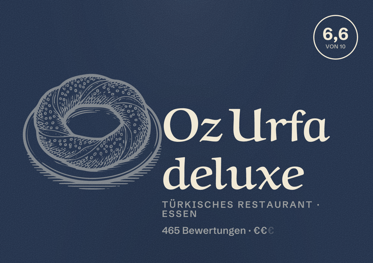 Illustriertes Poster von Oz Urfa deluxe, Türkisches Restaurant in Essen: Bewertung 6,6 von 10 aus 465 Bewertungen, Preisniveau €€