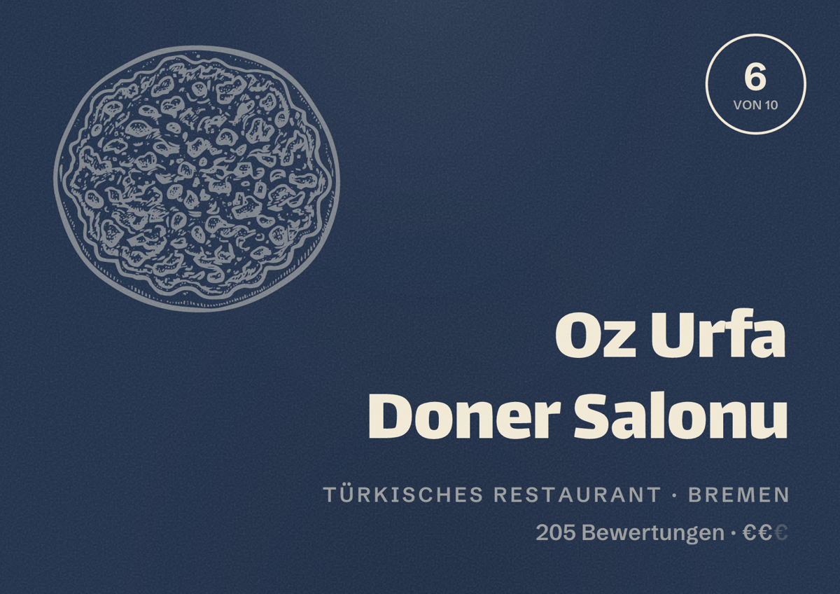 Illustriertes Poster von Oz Urfa Doner Salonu, Türkisches Restaurant in Bremen: Bewertung 6 von 10 aus 205 Bewertungen, Preisniveau €€