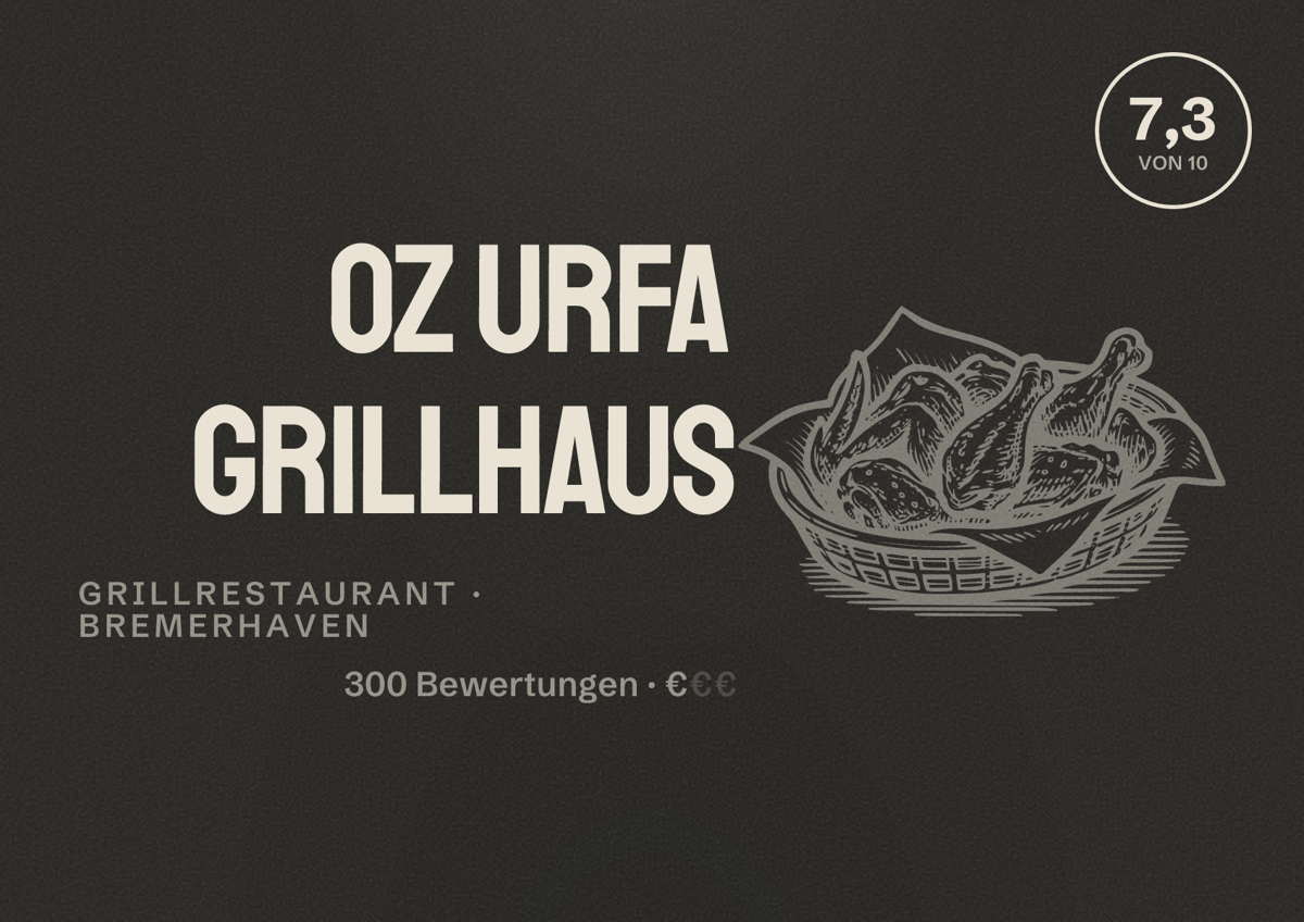 Illustriertes Poster von OZ URFA Grillhaus, Grillrestaurant in Bremerhaven: Bewertung 7,3 von 10 aus 300 Bewertungen, Preisniveau €
