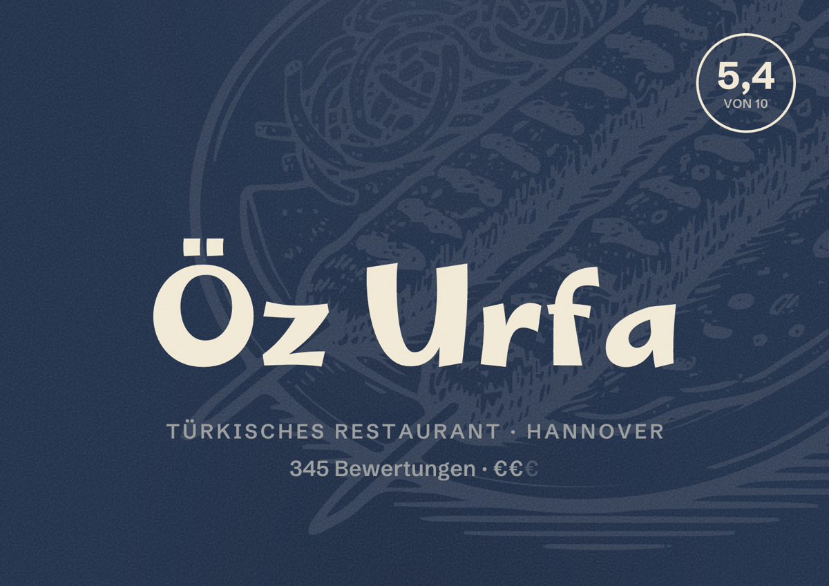 Illustriertes Poster von Öz Urfa, Türkisches Restaurant in Hannover: Bewertung 5,4 von 10 aus 345 Bewertungen, Preisniveau €€