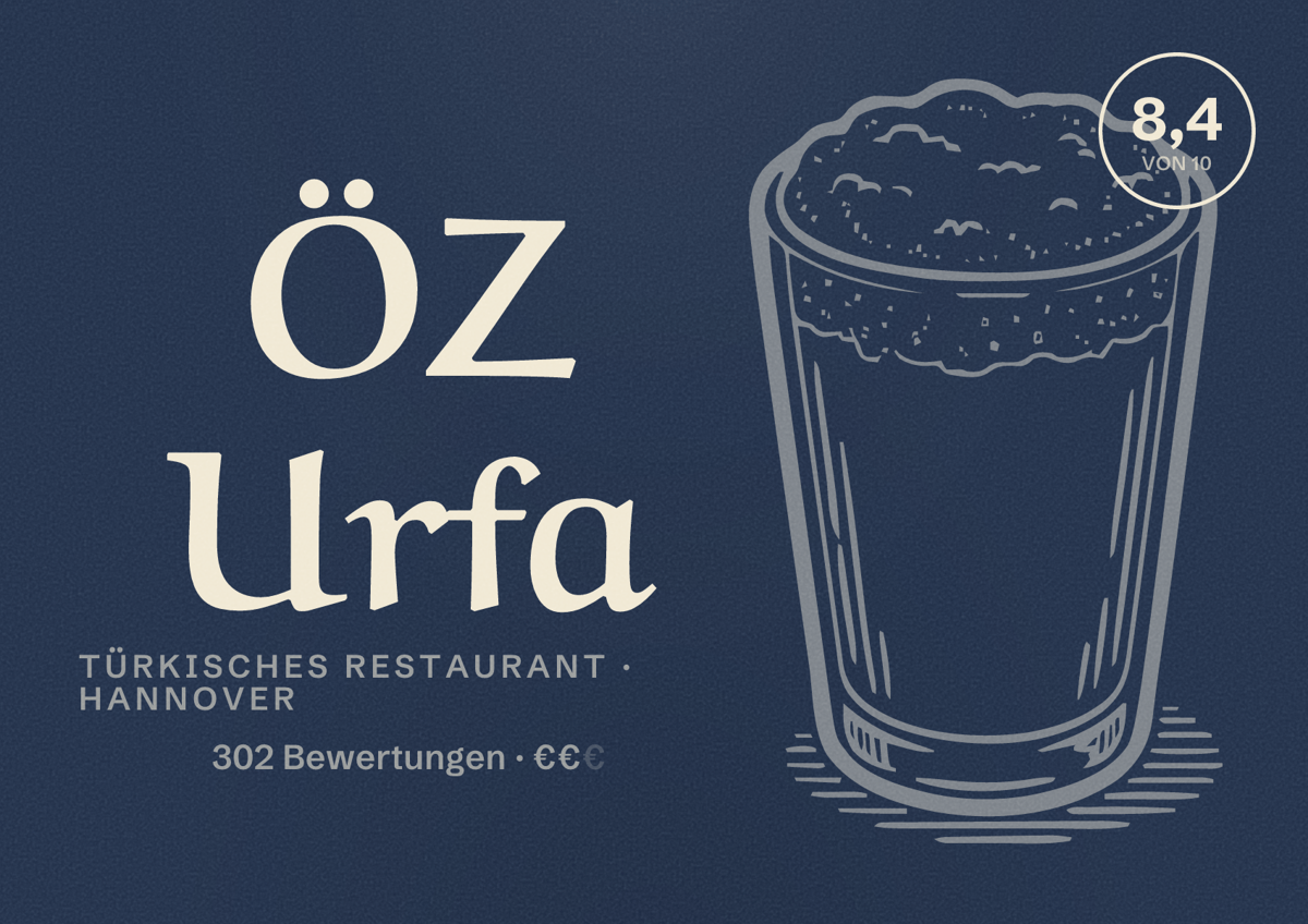 Illustriertes Poster von ÖZ Urfa, Türkisches Restaurant in Hannover: Bewertung 8,4 von 10 aus 302 Bewertungen, Preisniveau €€