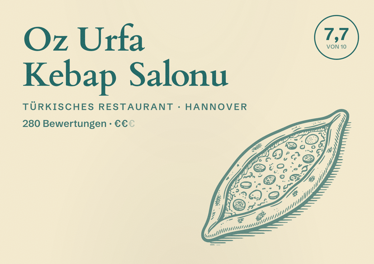 Illustriertes Poster von Oz Urfa Kebap Salonu, Türkisches Restaurant in Hannover: Bewertung 7,7 von 10 aus 280 Bewertungen, Preisniveau €€