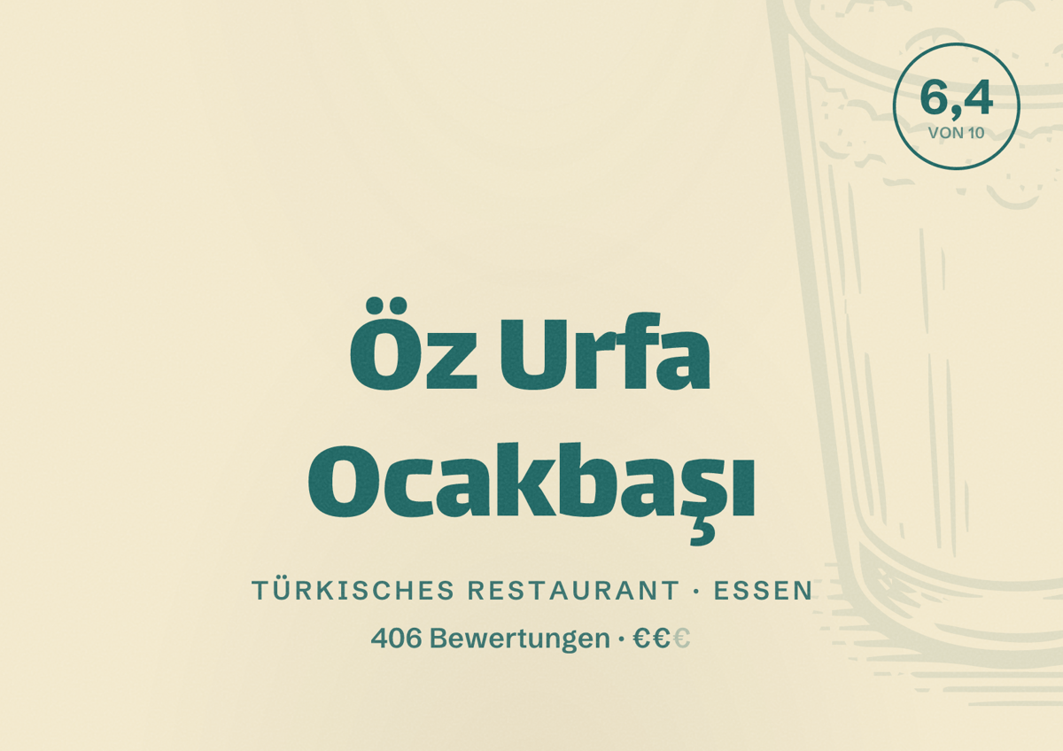 Illustriertes Poster von Öz Urfa Ocakbaşı, Türkisches Restaurant in Essen: Bewertung 6,4 von 10 aus 406 Bewertungen, Preisniveau €€