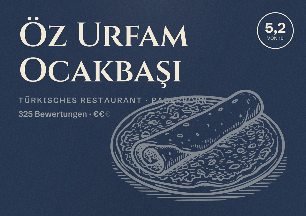 Illustriertes Poster von Öz Urfam Ocakbaşı, Türkisches Restaurant in Paderborn: Bewertung 5,2 von 10 aus 325 Bewertungen, Preisniveau €€