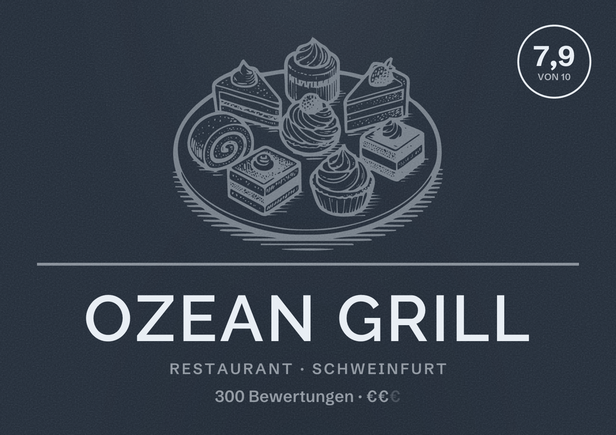 Illustriertes Poster von Ozean Grill, Restaurant in Schweinfurt: Bewertung 7,9 von 10 aus 300 Bewertungen, Preisniveau €€