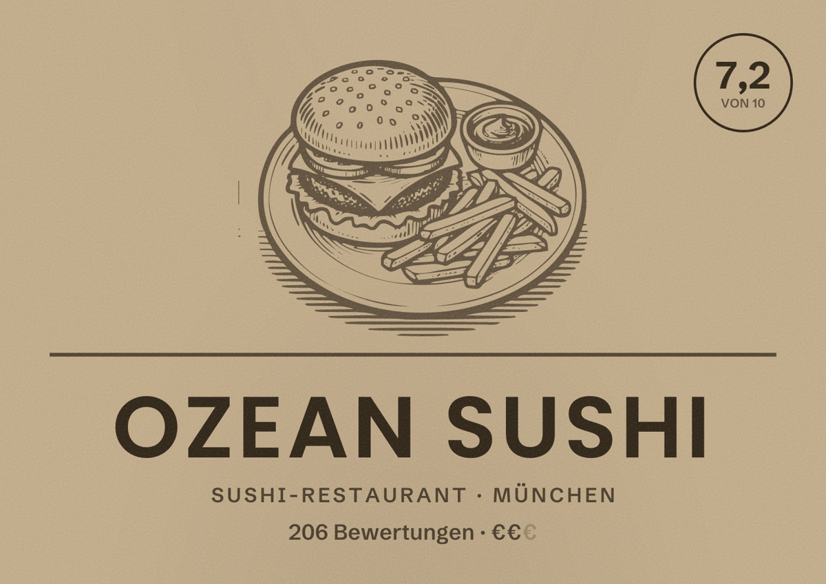 Illustriertes Poster von Ozean Sushi, Sushi-Restaurant in München: Bewertung 7,2 von 10 aus 206 Bewertungen, Preisniveau €€