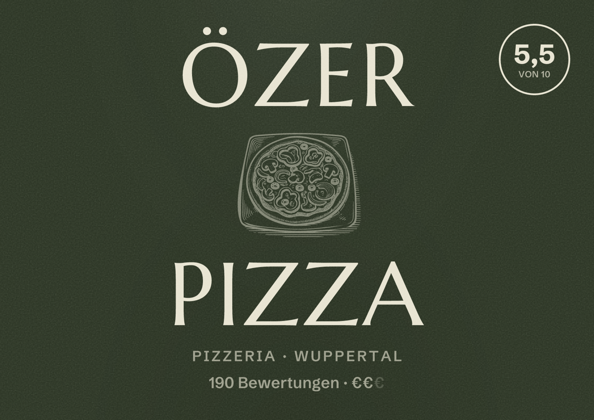 Illustriertes Poster von Özer Pizza, Pizzeria in Wuppertal: Bewertung 5,5 von 10 aus 190 Bewertungen, Preisniveau €€