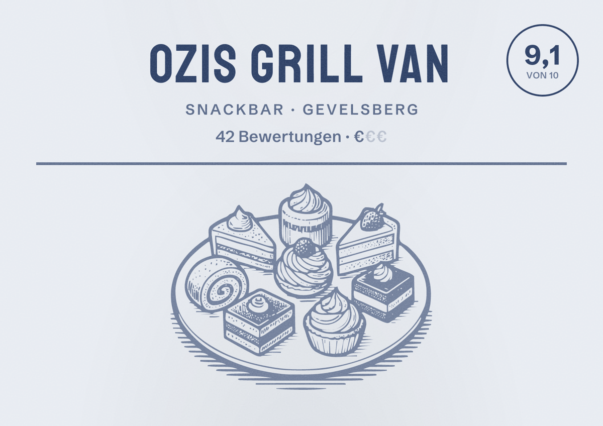 Illustriertes Poster von Ozis Grill Van, Snackbar in Gevelsberg: Bewertung 9,1 von 10 aus 42 Bewertungen, Preisniveau €