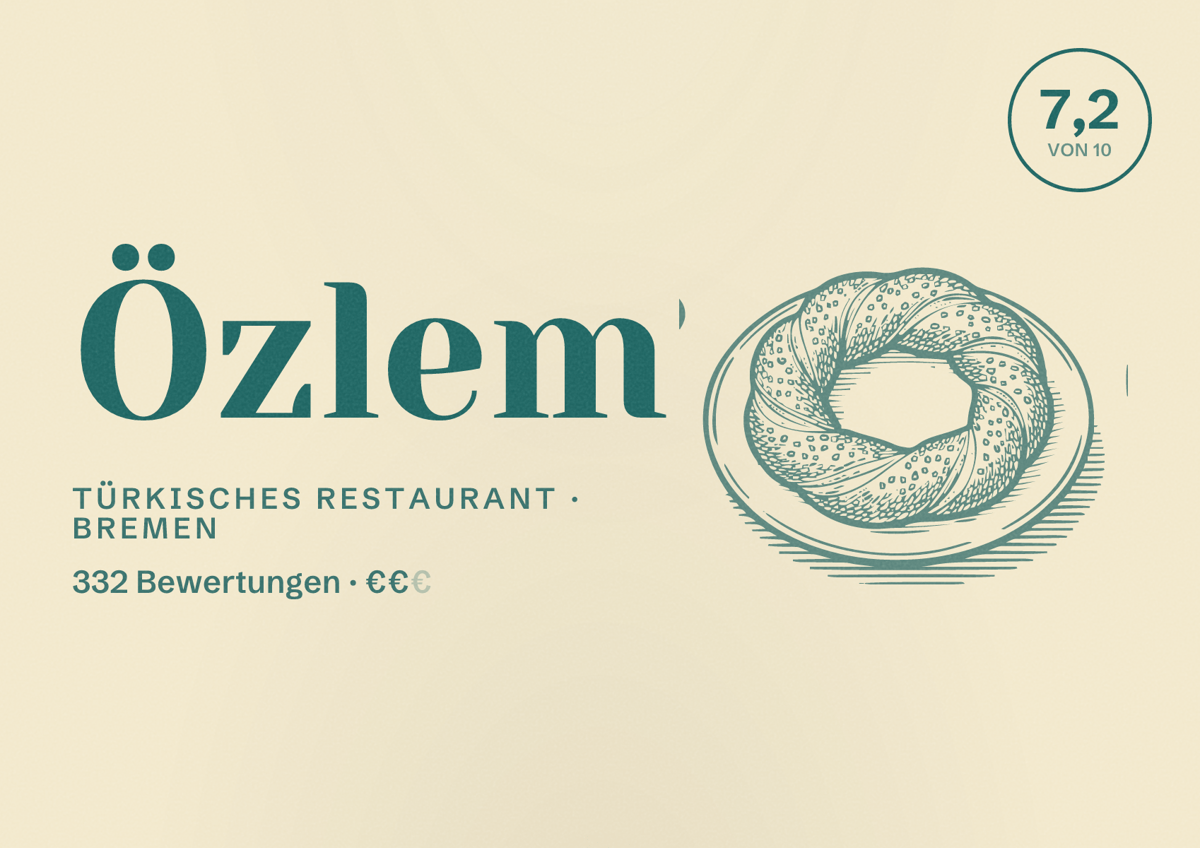 Illustriertes Poster von Özlem, Türkisches Restaurant in Bremen: Bewertung 7,2 von 10 aus 332 Bewertungen, Preisniveau €€