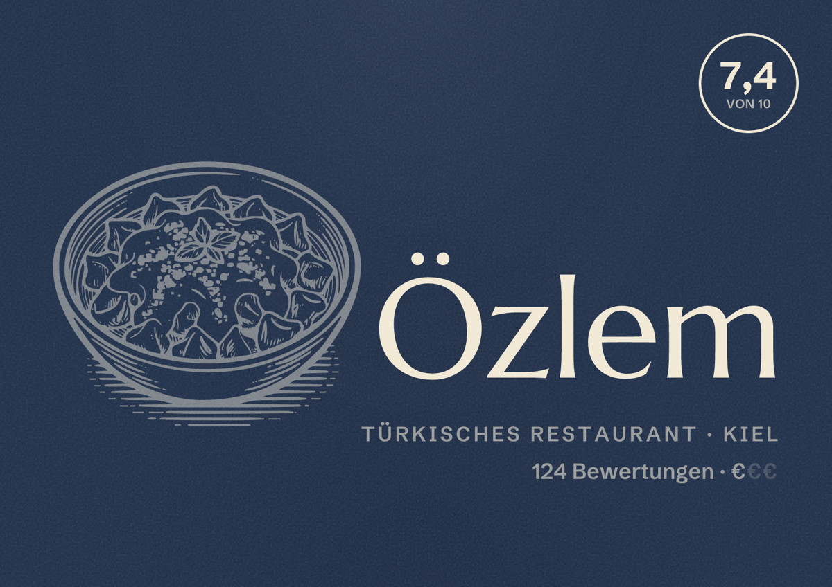 Illustriertes Poster von Özlem, Türkisches Restaurant in Kiel: Bewertung 7,4 von 10 aus 124 Bewertungen, Preisniveau €